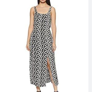 American Eagle Maxi Dress Small Black White Floral Belted Y2K Split A Line